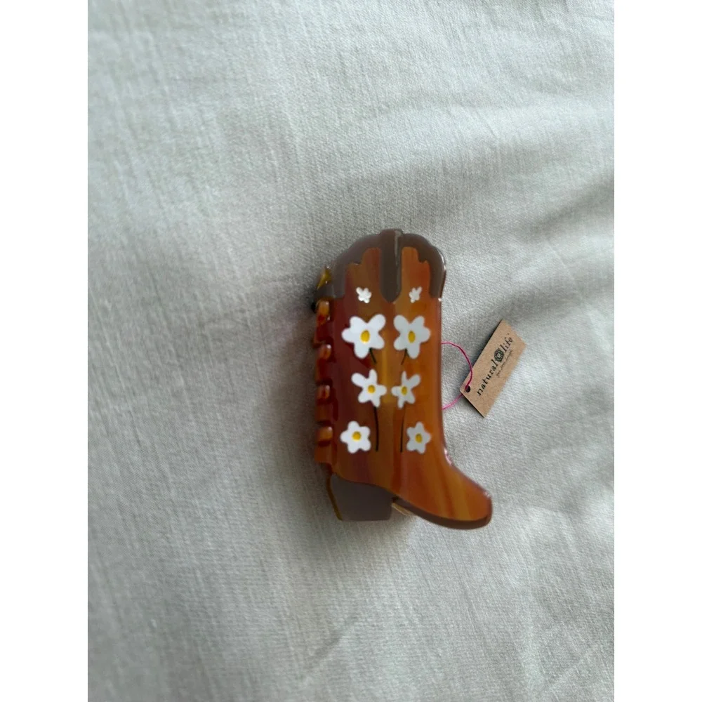 Natural Life Cowboy Boot Hair Claw Clip Brown Floral Western Cowgirl NWT